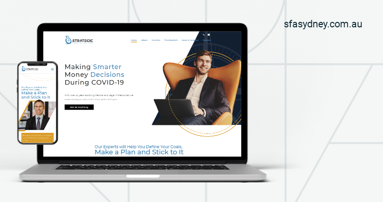A laptop and a phone showing the Strategic Financial Advisers Website